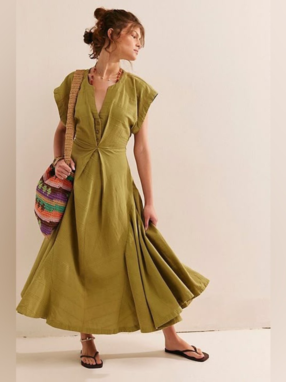 Free People Outta Here Midi Dress Green Size M Boho Maxi